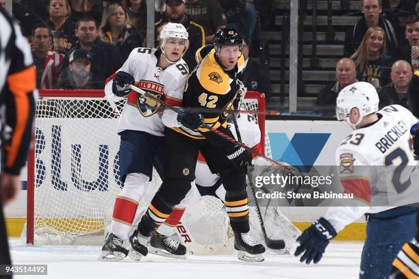 Henrik Borgstrom of the Florida Panthers against David Backes of the Boston Bruins at the TD Garden on April 8, 2018 in Boston, Massachusetts.