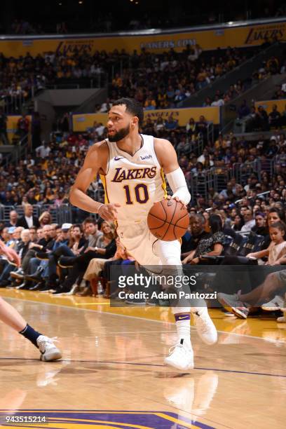 Tyler Ennis of the Los Angeles Lakers handles the ball against the Utah Jazz on April 8, 2018 at STAPLES Center in Los Angeles, California. NOTE TO...