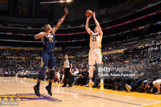 Travis Wear of the Los Angeles Lakers shoots the ball against the Utah Jazz on April 8, 2018 at STAPLES Center in Los Angeles, California. NOTE TO...