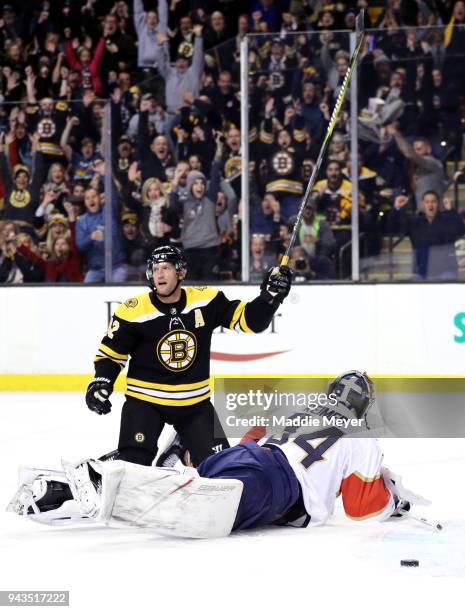David Backes of the Boston Bruins reacts after scoring against James Reimer of the Florida Panthers during the first period at TD Garden on April 8,...