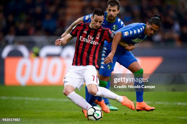 Nikola Kalinic of AC Milan scores a goal during the Serie A football match between AC Milan ad US Sassuolo. The match ended in a 1-1 tie.