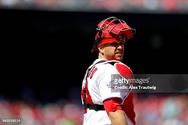 Miguel Montero of the Washington Nationals looks on during the game against the New York Mets at Nationals Park on Thursday, April 5, 2018 in...