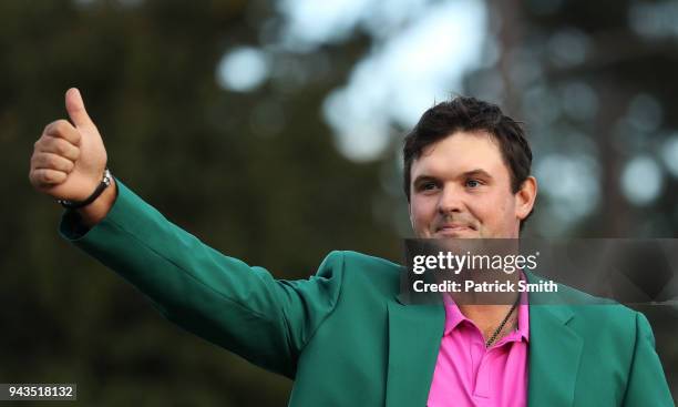 Patrick Reed of the United States celebrates during the green jacket ceremony after winning the 2018 Masters Tournament at Augusta National Golf Club...