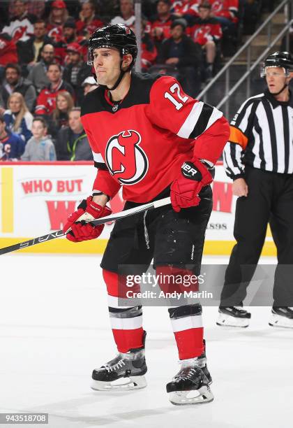 Ben Lovejoy of the New Jersey Devils skates against the Toronto Maple Leafs during the game at Prudential Center on April 5, 2018 in Newark, New...