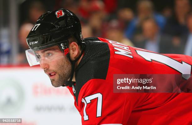 Patrick Maroon of the New Jersey Devils looks on against the Toronto Maple Leafs during the game at Prudential Center on April 5, 2018 in Newark, New...