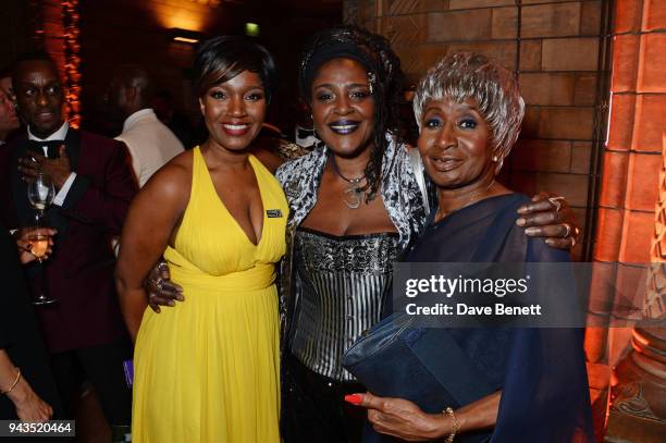 Rachel John, Sharon D Clarke and guest attend The Olivier Awards with Mastercard after party at the Natural History Museum on April 8, 2018 in...