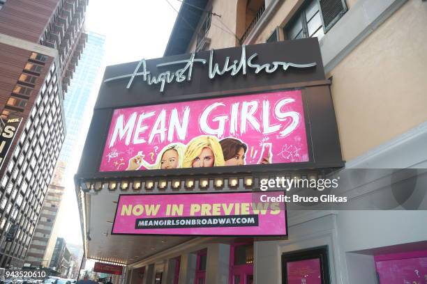 Signage at the arrivals for the openng night of the new musical based on the cult film "Mean Girls" on Broadway at The August Wilson Theatre on April...