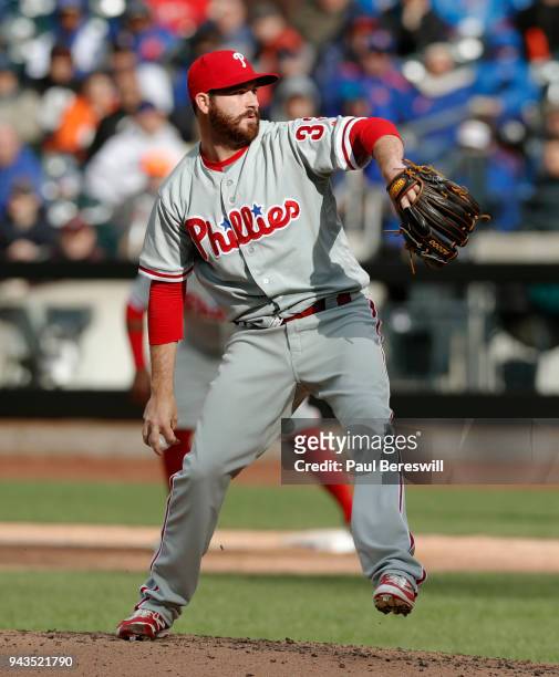 Pitcher Drew Hutchison of the Philadelphia Phillies pitches in an MLB baseball game against the New York Mets on April 4, 2018 at CitiField in the...
