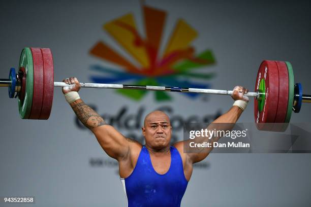 Sanele Mao of Samoa competes in the Men's 105kg Final during the Weightlifting on day five of the Gold Coast 2018 Commonwealth Games at Carrara...