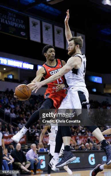 Malcolm Miller of the Raptors 905 passes the ball during the game against the Austin Spurs during the NBA G-League Playoffs Game 1 on April 8, 2018...