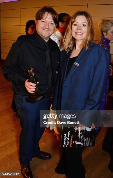 Gary Owen and Rachel O'Riordan attend The Olivier Awards with Mastercard after party at the Natural History Museum on April 8, 2018 in London,...