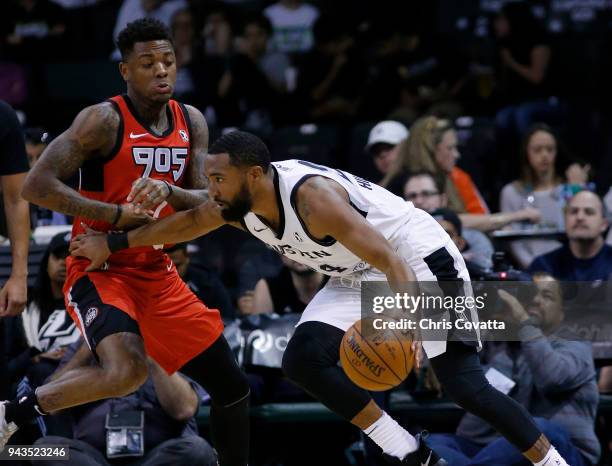 Darrun Hilliard of the Austin Spurs jocks for a position during the game against the Toronto Raptors during the NBA G-League Playoffs Game 1 on April...