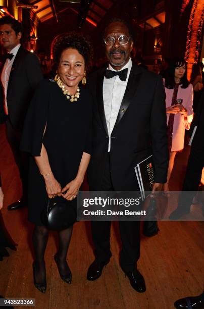 Clarke Peters and Penny Clarke attend The Olivier Awards with Mastercard after party at the Natural History Museum on April 8, 2018 in London,...