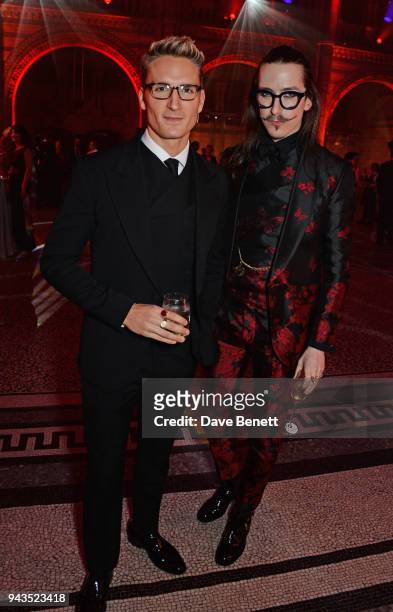 Ollie Proudlock and Joshua Kane attend The Olivier Awards with Mastercard after party at the Natural History Museum on April 8, 2018 in London,...