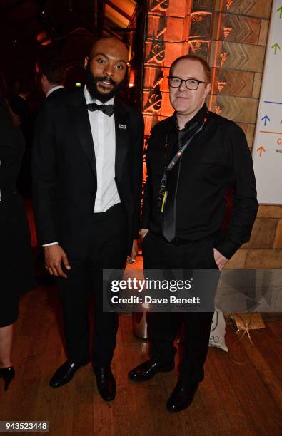 Arinze Kene and Conor McPherson attend The Olivier Awards with Mastercard after party at the Natural History Museum on April 8, 2018 in London,...