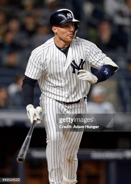 Brandon Drury of the New York Yankees at bat against the Baltimore Orioles during the second inning at Yankee Stadium on April 6, 2018 in the Bronx...