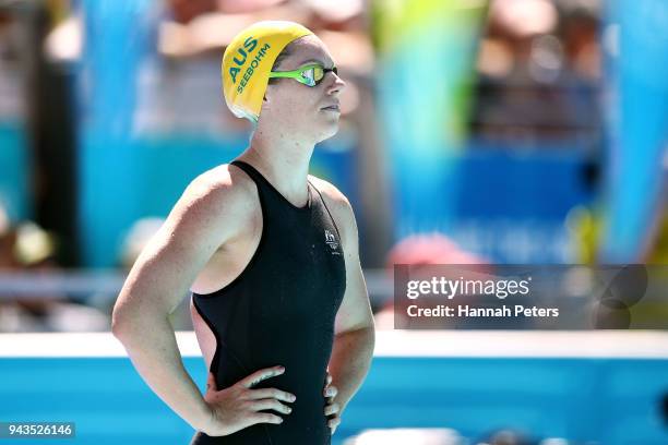 Emily Seebohm of Australia looks on prior to the Women's 50m Backstroke Heat 4 on day five of the Gold Coast 2018 Commonwealth Games at Optus Aquatic...