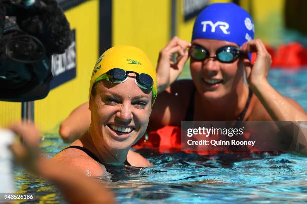 Emily Seebohm of Australia smiles following the Women's 50m Backstroke Heat 4 on day five of the Gold Coast 2018 Commonwealth Games at Optus Aquatic...