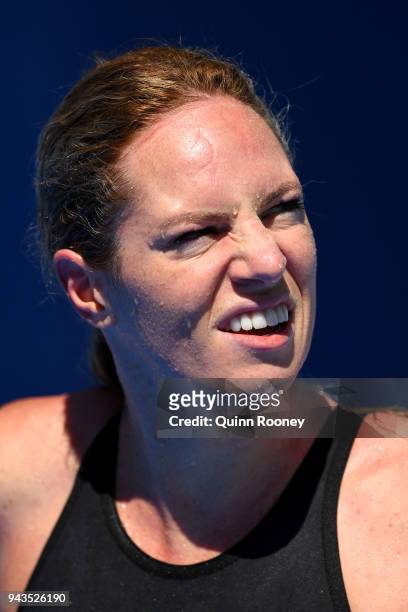 Emily Seebohm of Australia looks on following the Women's 50m Backstroke Heat 4 on day five of the Gold Coast 2018 Commonwealth Games at Optus...
