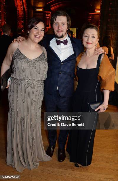 Lucy Wheatley, Alfie Oldman and Lesley Manville attend The Olivier Awards with Mastercard after party at the Natural History Museum on April 8, 2018...