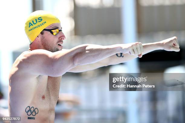 James Magnussen of Australia looks on prior to the Men's 50m Freestyle Heat 7 on day five of the Gold Coast 2018 Commonwealth Games at Optus Aquatic...