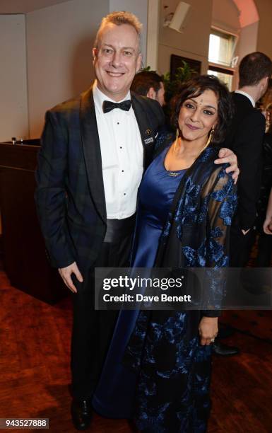 Stephen Tompkinson and Meera Syal attend The Olivier Awards with Mastercard at Royal Albert Hall on April 8, 2018 in London, England.