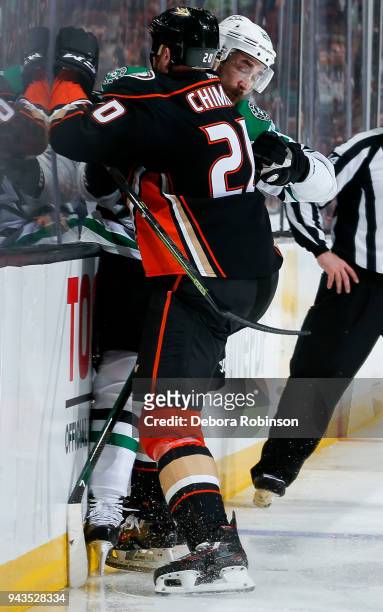 Jason Chimera of the Anaheim Ducks checks Greg Pateryn of the Dallas Stars during the second period of the game at Honda Center on April 6, 2018 in...