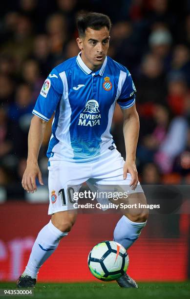 Jose Manuel Jurado of Espanyol in action during the La Liga match between Valencia and Espanyol at Mestalla Stadium on April 8, 2018 in Valencia,...