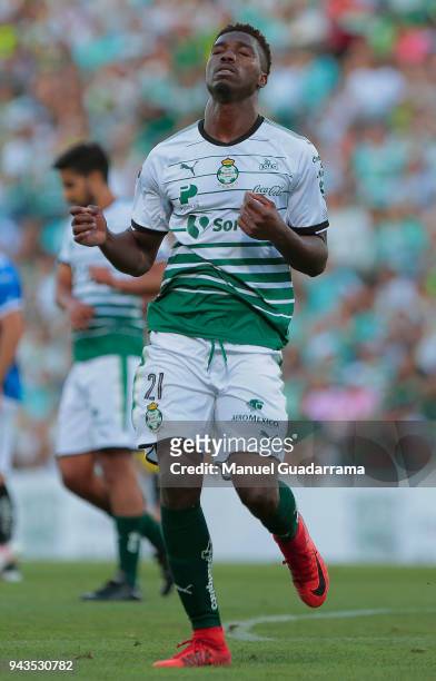 Jorge Djaniny Tavares of Santos reacts during the 14th round match between Santos Laguna and Querataro as part of the Torneo Clausura 2018 Liga MX at...