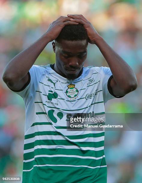 Jorge Djaniny Tavares of Santos reacts during the 14th round match between Santos Laguna and Querataro as part of the Torneo Clausura 2018 Liga MX at...