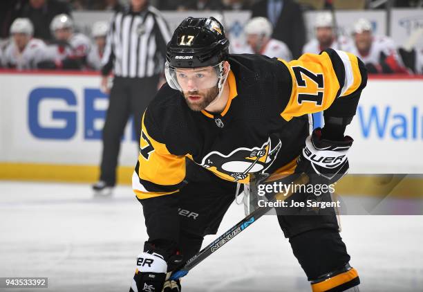 Bryan Rust of the Pittsburgh Penguins skates against the Ottawa Senators at PPG Paints Arena on April 6, 2018 in Pittsburgh, Pennsylvania.