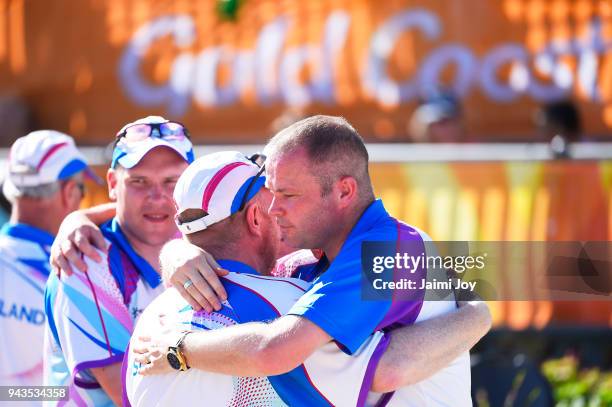 Scotland celebrate after winning the Gold medal in the Men's Lawn Bowls Triples match against Australia on day four of the Gold Coast 2018...