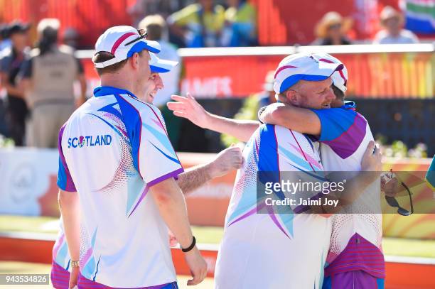 Scotland celebrate after winning the Gold medal in the Men's Lawn Bowls Triples match against Australia on day four of the Gold Coast 2018...