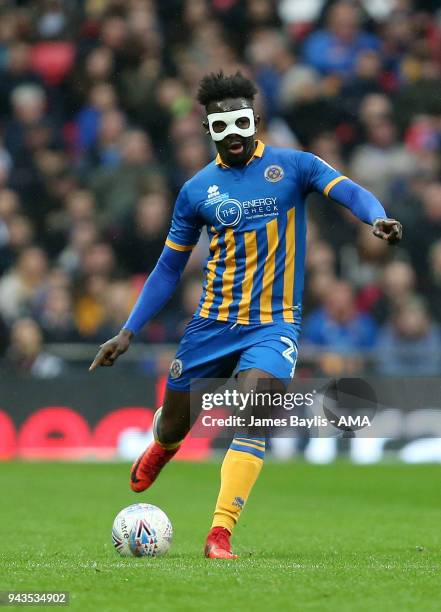 Aristote Nsiala of Shrewsbury Town during the Checkatrade Trophy Final between Lincoln City and Shrewsbury Town at Wembley Stadium on April 8, 2018...