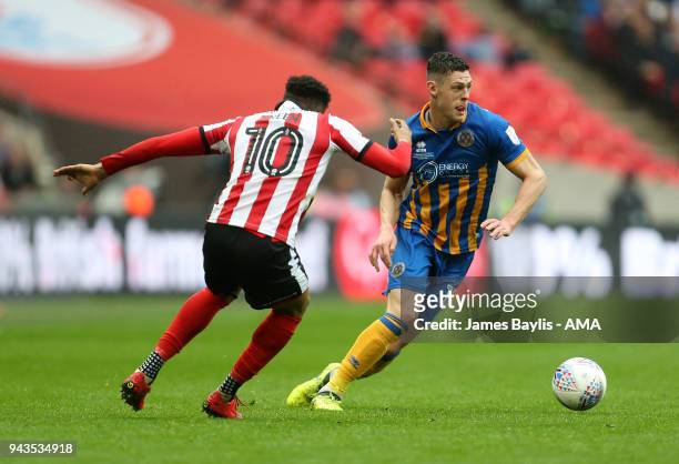 Matt Green of Lincoln City and James Bolton of Shrewsbury Town during the Checkatrade Trophy Final between Lincoln City and Shrewsbury Town at...