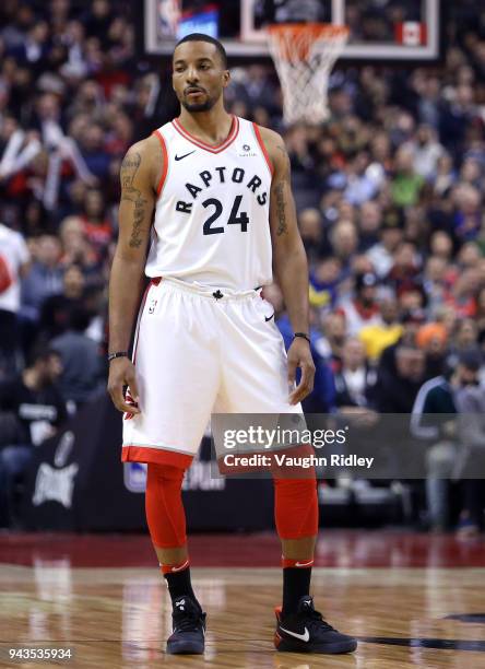 Norman Powell of the Toronto Raptors looks on during the first half of an NBA game against the Boston Celtics at Air Canada Centre on April 4, 2018...