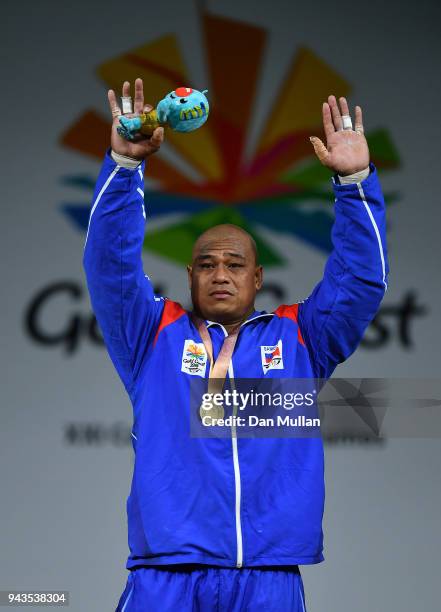 Sanele Mao of Samoa poses with the gold medal for Men's 105kg Final during the Weightlifting on day five of the Gold Coast 2018 Commonwealth Games at...