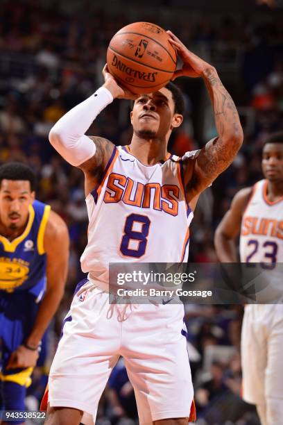 Tyler Ulis of the Phoenix Suns shoots a free throw during the game against the Golden State Warriors on April 8, 2018 at Talking Stick Resort Arena...