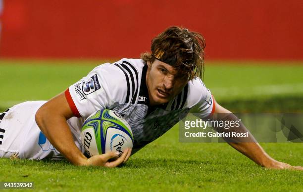 George Bridge of Crusaders scores a try during a match between Jaguares and Crusaders as part of 6th round of Super Rugby at Jose Amalfitani Stadium...