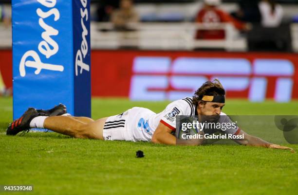 George Bridge of Crusaders scores a try during a match between Jaguares and Crusaders as part of 6th round of Super Rugby at Jose Amalfitani Stadium...