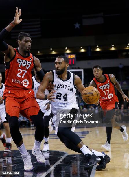 Darrun Hilliard of the Austin Spurs jocks for a position during the game against Shevon Thompson of the Raptors 905 during the NBA G-League Playoffs...