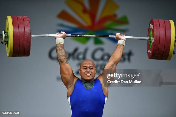 Sanele Mao of Samoa competes in the Men's 105kg Final during the Weightlifting on day five of the Gold Coast 2018 Commonwealth Games at Carrara...