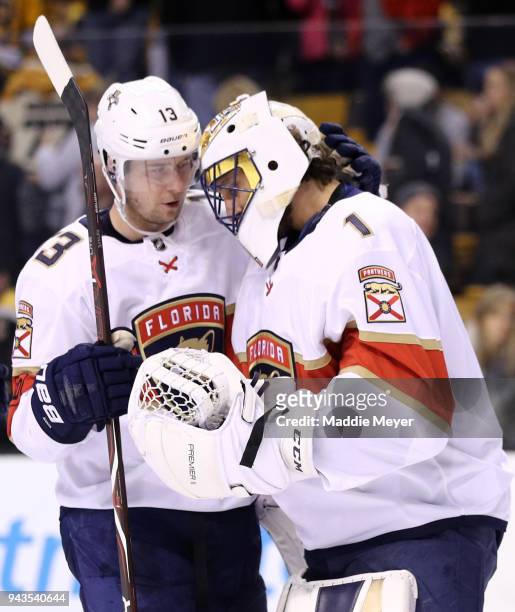 Mark Pysyk of the Florida Panthers of the Florida Panthers celebrates with Roberto Luongo after the Panthers defeat the Boston Bruins 4-2 at TD...