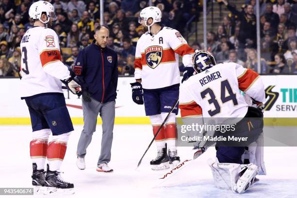 James Reimer of the Florida Panthers is tended to during the third period against the Boston Bruinsat TD Garden on April 8, 2018 in Boston,...