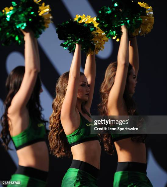 Oregon Ducks cheerleaders are seen in the second half of the 2017 Las Vegas Bowl at Sam Boyd Stadium on December 16, 2017. Boise State defeated...