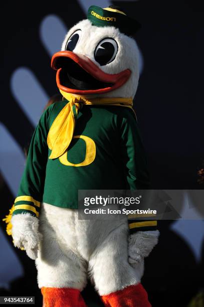 Puddles the Oregon mascot is seen in the second half of the 2017 Las Vegas Bowl between the Oregon Ducks and the Boise State Broncos at Sam Boyd...