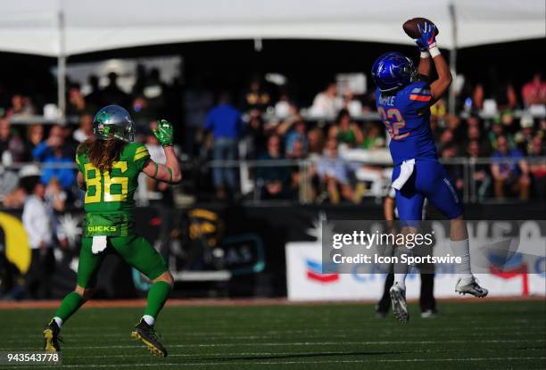 Boise State safety Jordan Happle intercepts a pass intended for Oregon wide reciver Brenden Schooler in the first half of the 2017 Las Vegas Bowl at...