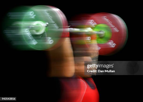 Sateki Langi of Tonga competes in the Men's 105kg Final during the Weightlifting on day five of the Gold Coast 2018 Commonwealth Games at Carrara...