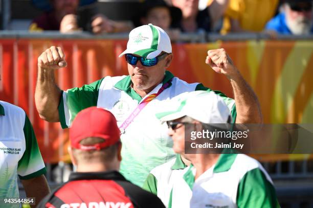 The Norfolk Island team celebrate after winning the Bronze medal in the Mens Lawn Bowls Triples match against Canada on day four of the Gold Coast...