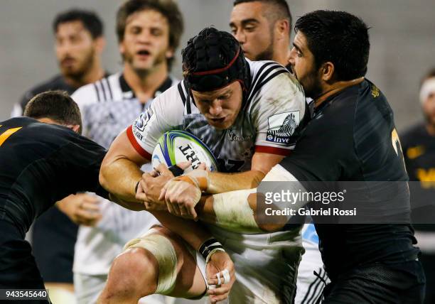 Matt Todd of Crusaders is tackled by Nahuel Tetaz Chaparro of Jaguares during a match between Jaguares and Crusaders as part of 6th round of Super...